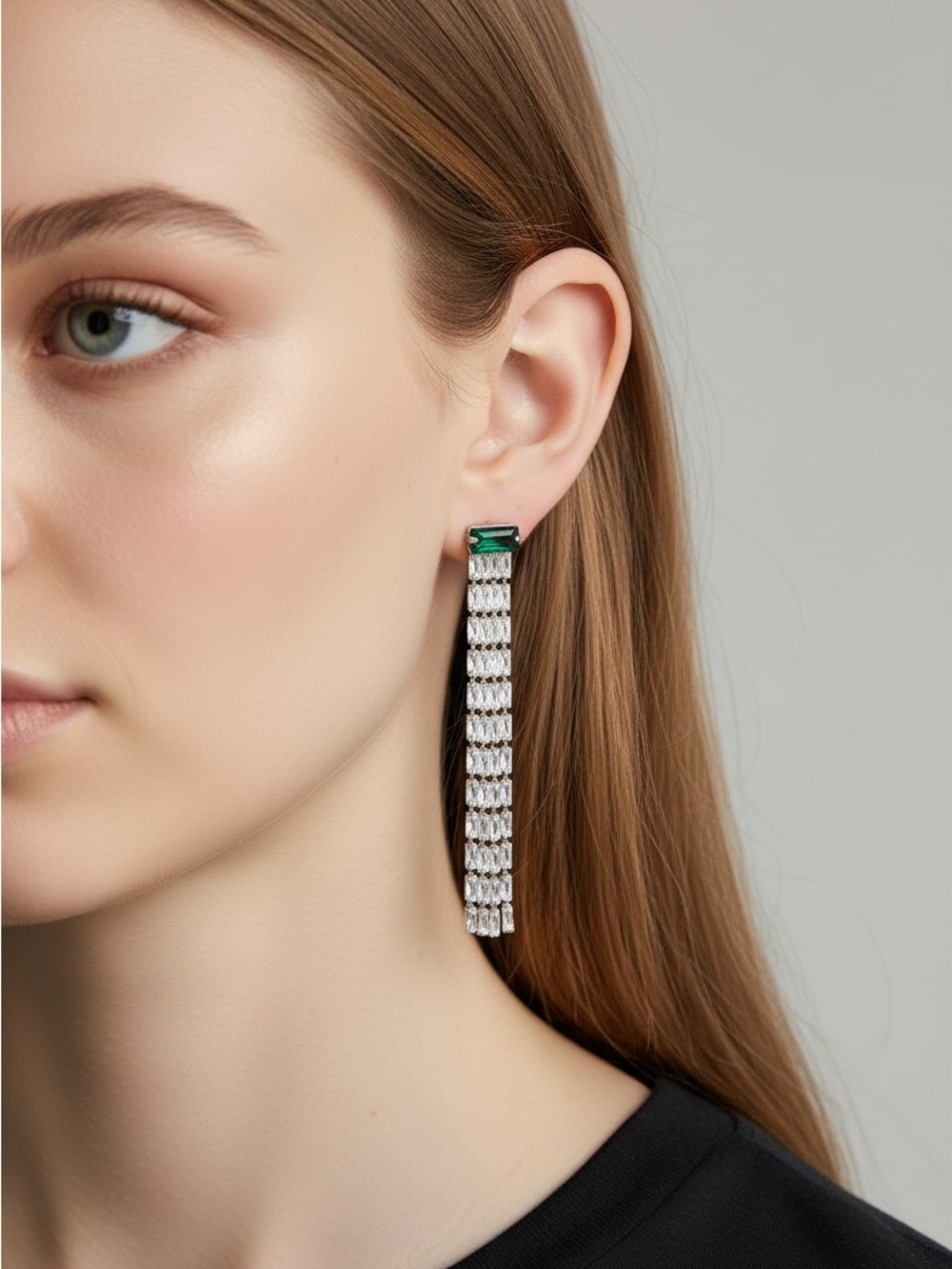 10/24 Emerald Top Silver Crystal Fringe Drop Earrings